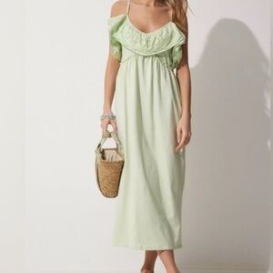 NWT ZARA mint green ruffle eyelet midi Dress size small